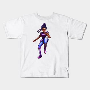 Black anime superhero girl from outer space doing a high knee kick ! beautiful  black girl with Afro hair, brown eyes, Cherry pink lips and dark brown skin. Hair love ! Kids T-Shirt